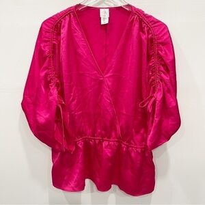 Joie Hot Pink Ruched Sleeve Wrap Front Blouse Size XL
